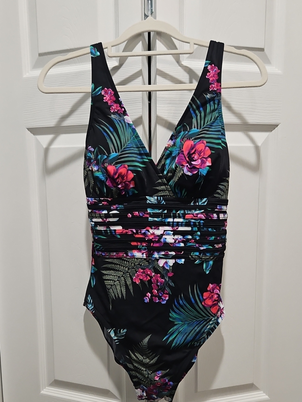 Aqua Green Black Floral One-Piece with Vibrant Pink and Teal Blooms